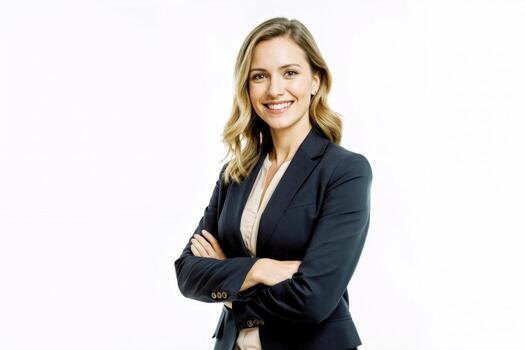 profesional mujer en negocio atuendo poses con confianza con brazos cruzado en un brillante estudio ajuste foto