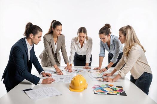 Group of business people working together on a white table photo
