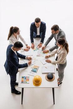 Team collaborating at a modern workspace on project planning and design strategies photo