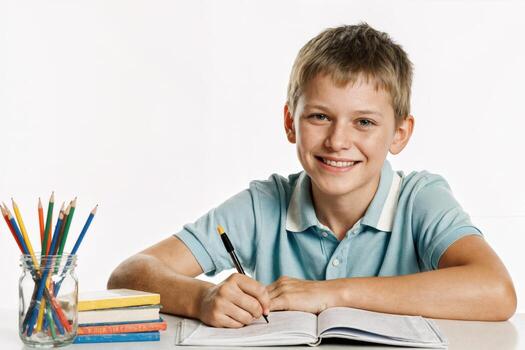 Young boy smiles while studying and writing in a notebook with colorful pencils nearby photo