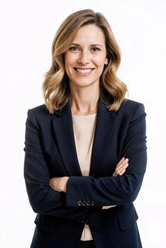 Professional woman smiling confidently in a business suit standing with arms crossed in a studio setting photo