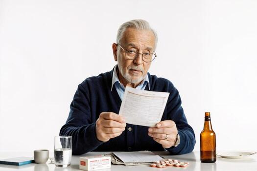 An older man is holding a piece of paper and looking at it photo
