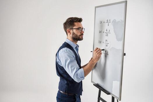 Teacher explaining mathematical concepts on a whiteboard in a classroom setting during a lesson photo