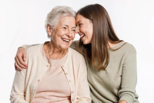 Two women share a joyful moment of laughter and connection in a warm, intimate setting with soft white background photo