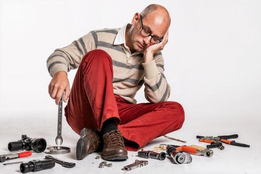 A man sitting on the floor with tools around him photo