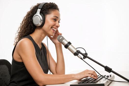 A woman wearing headphones and a microphone in front of a computer photo
