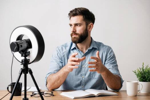 A bearded man sitting at a desk with a camera and a tripod photo