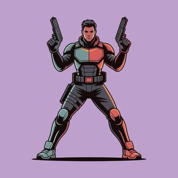 ynamic Cybernetic Fighter in Action with Two Handguns vector