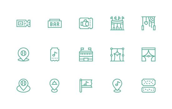 15 íconos para lugar de eventos en regular línea formato icono colección conjunto vector