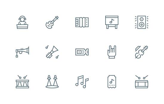 Concert Design Icons featuring 15 in Regular Line Style Interface Icon Collection for Daily Projects vector
