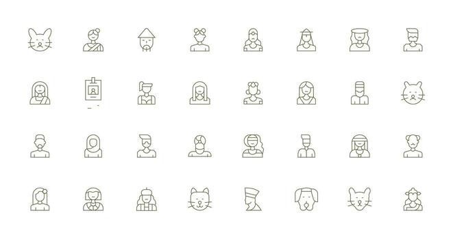 Delgado línea estilo retrato íconos con 32 vectores claro y conciso icono conjunto colección