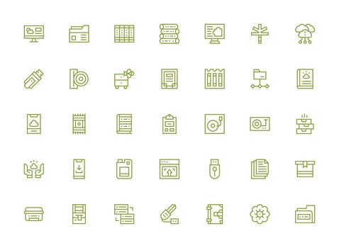 datos almacenamiento presentando 35 íconos en regular limpiar línea diseño flexible icono sistema para web interfaces vector