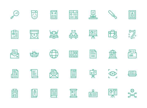 información presentando 35 íconos en regular limpiar línea diseño simplificado icono paquete para visual herramientas vector