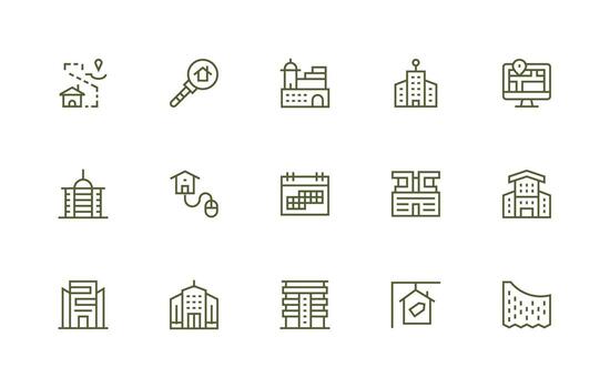 Real Estate Icon Collection with 15 Regular Line Designs Minimal Icon Set for Interface Projects vector