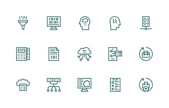 Data Processing featuring 15 Icons in Regular Line Design Detailed Icon Collection for Design Systems vector