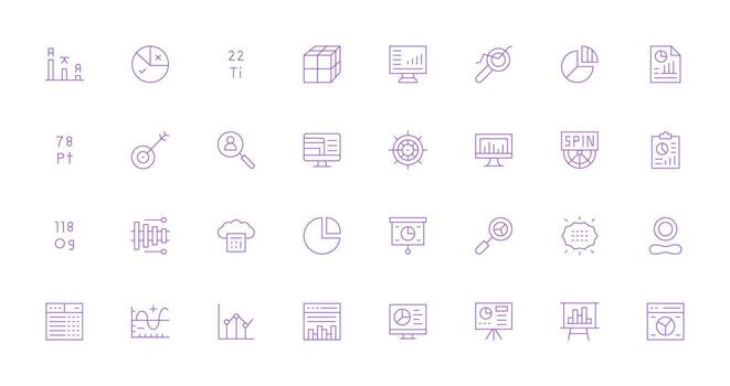 datos visualización presentando 32 íconos en Delgado línea diseño ligero icono serie vector
