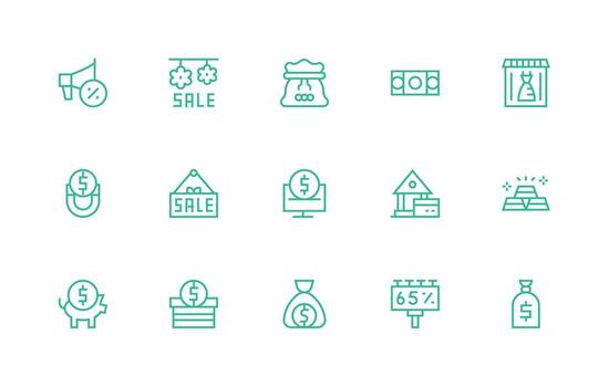 Savings Icon Set with 15 Regular Line Graphics Flat Icon Set vector