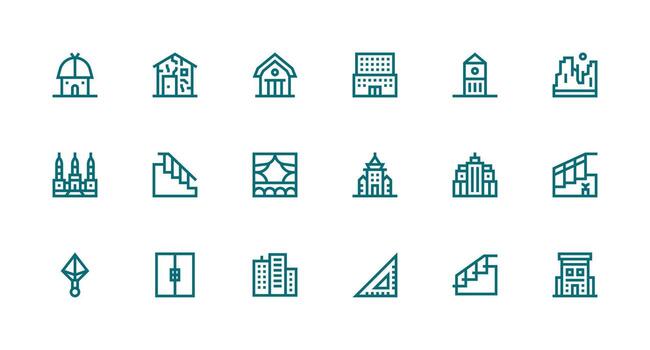 Architecture Design Icons featuring 18 in Strong Stroke Line Style Simplified Icon Pack for Visual Tools vector