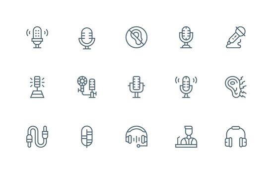 Microphone Icon Set with 15 Regular Line Graphics Icon Pack for Various Themes vector