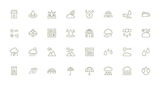 lluvia presentando 32 íconos en Delgado línea diseño píxel Perfecto íconos para moderno aplicaciones vector
