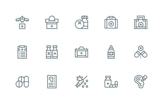 Medication Design Icons featuring 15 in Regular Line Style Simplified Icon Pack for Visual Tools vector