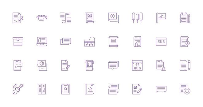 Delgado línea estilo Nota íconos con 32 vectores completamente editable icono conjunto para web