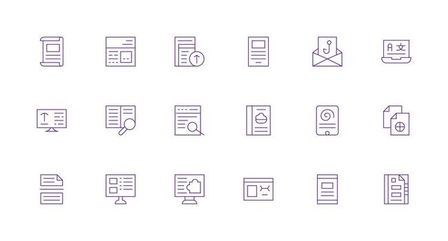 Online Document Design Icons featuring 18 in Minimal Line Style Clear and Concise Icon Set Collection vector
