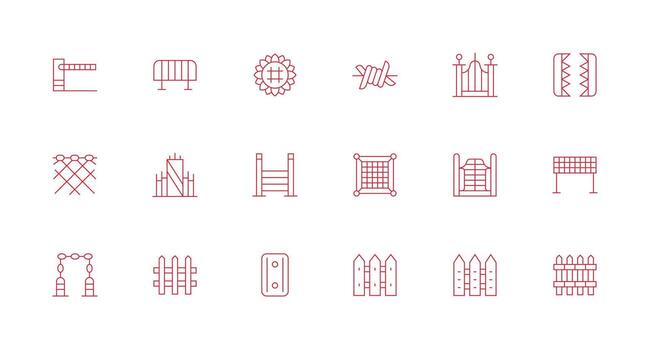 Fence Design Icons featuring 18 in Minimal Line Style Reusable Icon Set vector
