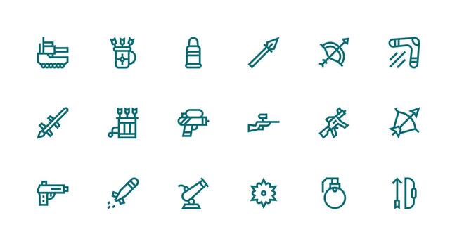 Projectile Visual Pack containing 18 Strong Stroke Line Icons Basic Icon Series vector