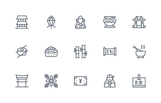 Japanese Design Icons featuring 15 in Regular Line Style Interface Icons for Daily Use vector