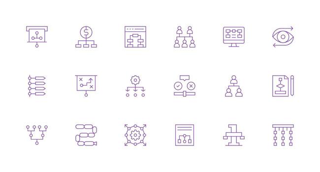Flowchart Design Icons featuring 18 in Minimal Line Style Flat Icon Set vector