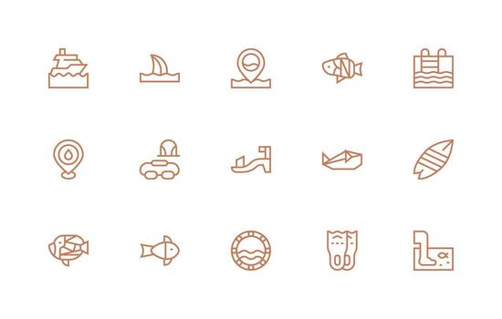 Aquatic Icon Set with 15 Regular Line Graphics Functional Icon Series vector