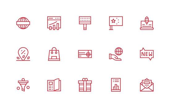 márketing diseño íconos presentando 15 en regular línea estilo icono conjunto vector