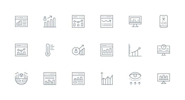 Analytics Icon Set with 18 Minimal Line Graphics Organized Glyph Icons for Fast Design vector