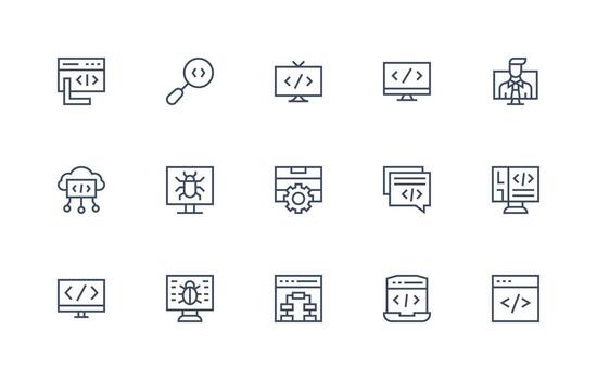 15 íconos para codificación en regular línea formato digital icono colección vector
