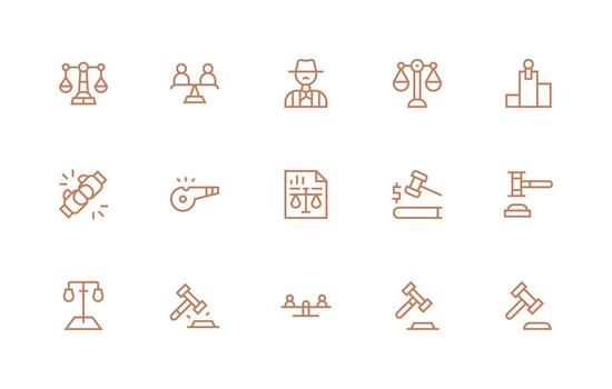 juicio conjunto con 15 regular línea íconos claro y conciso icono conjunto colección vector