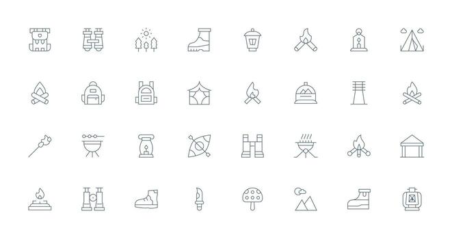 Camping Icon Collection with 32 Thin Line Designs Scalable Icons for Cross-Platform Interfaces vector