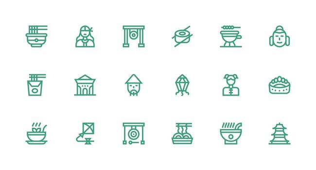 Asian Design Icons featuring 18 in Strong Stroke Line Style Multi-Purpose Icon Set vector