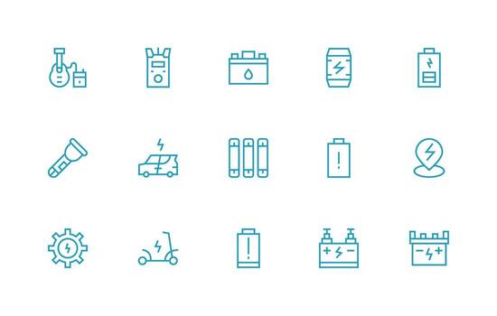 Battery Design Icons featuring 15 in Regular Line Style Organized Icon Pack for Quick Access vector