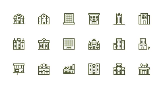Modern Building Icon Set with 18 Strong Stroke Line Graphics Theme-Based Icon Pack vector