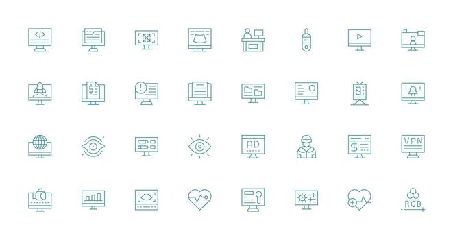 monitor presentando 32 íconos en Delgado línea diseño organizado icono paquete para rápido acceso vector