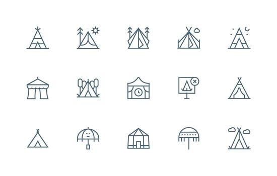 Tent Set with 15 Regular Line Icons Optimized Icon Pack for Digital Products vector