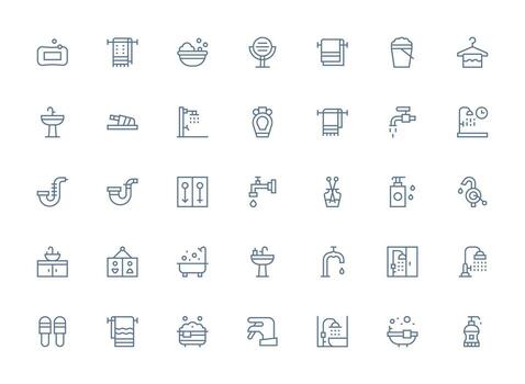 baño presentando 35 íconos en regular limpiar línea diseño flexible icono sistema para web interfaces vector