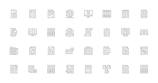 hoja de cálculo presentando 32 íconos en Delgado línea diseño sensible icono conjunto para flexible diseños vector
