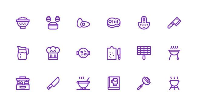 Food Preparation Icon Set with 18 Strong Stroke Line Graphics Quick Access Icons for UI Development vector