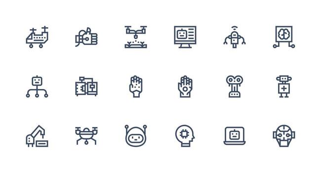 Robotics Design Icons featuring 18 in Strong Stroke Line Style Web Icon Collection vector