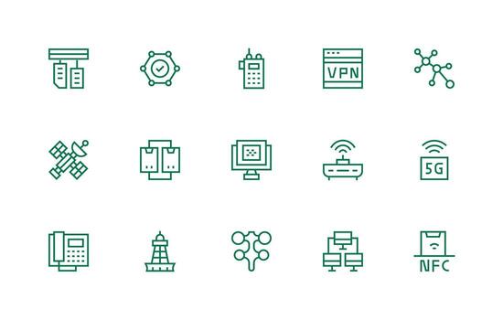 Regular Line Style Data Transmission Icons with 15 Vectors Compact Icon Set