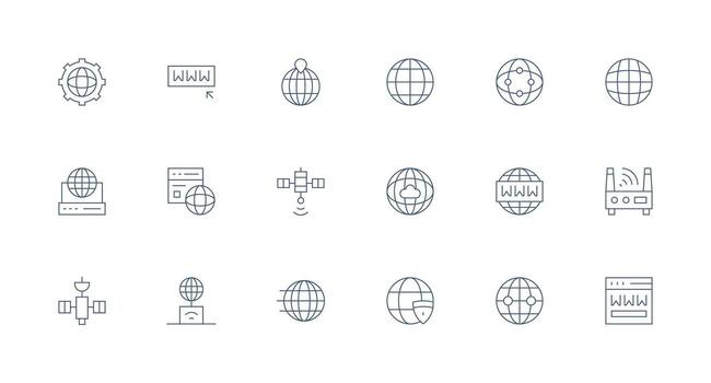 Global Network Design Icons featuring 18 in Minimal Line Style Compact Icon Set vector