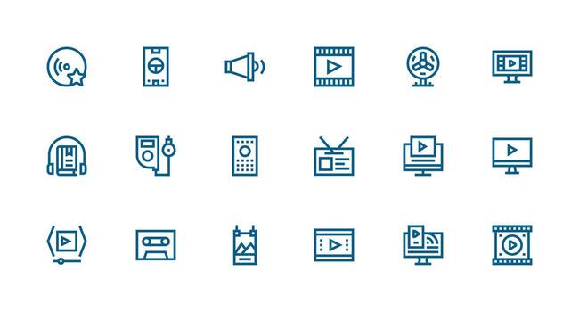 Media Player Design Icons featuring 18 in Strong Stroke Line Style Sharp Icons for Presentations vector