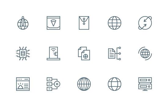 Network including 15 Regular Line Illustrations Complete Icon Bundle for Web Design vector